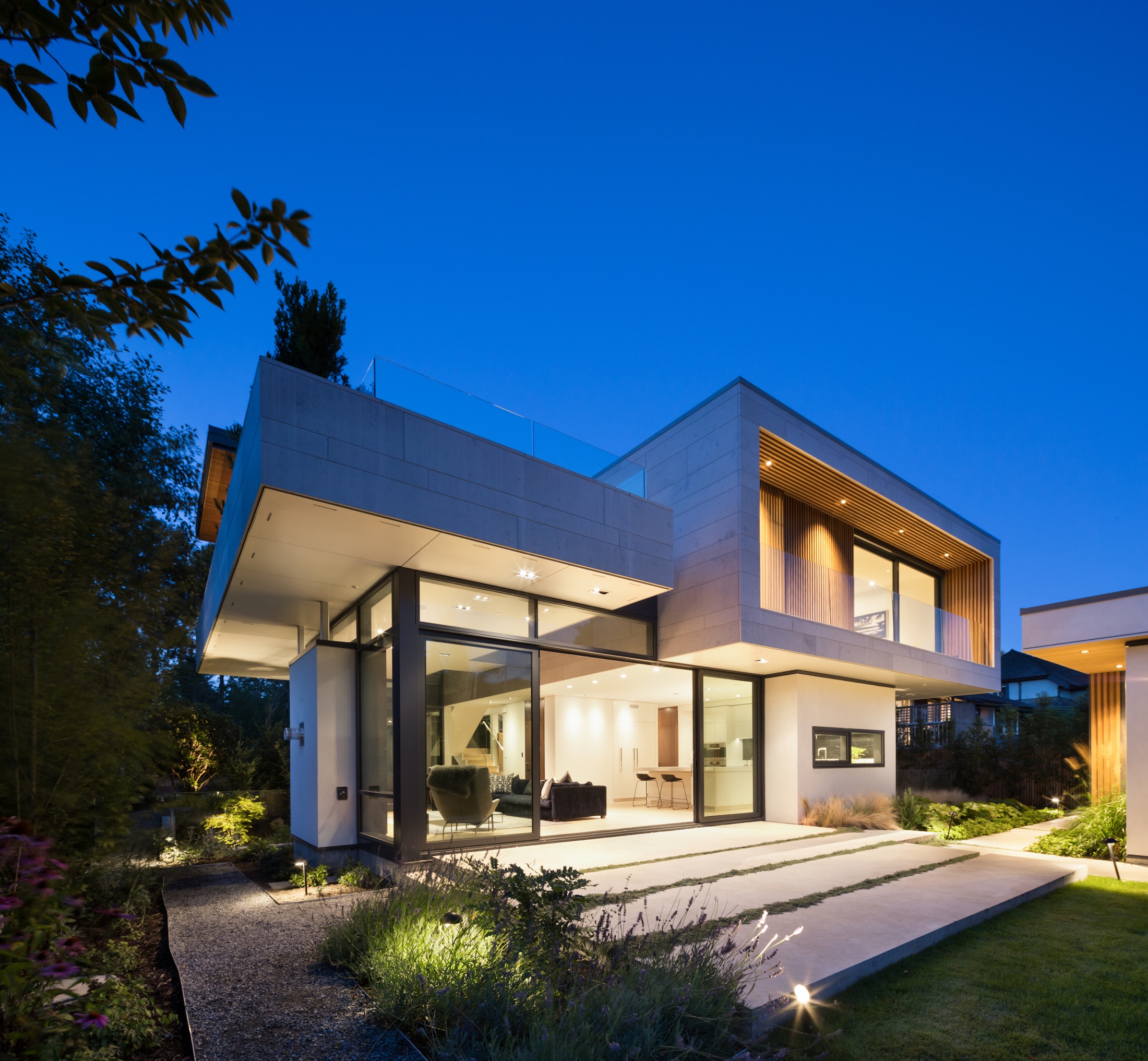 Contemporary residence photographed at dusk